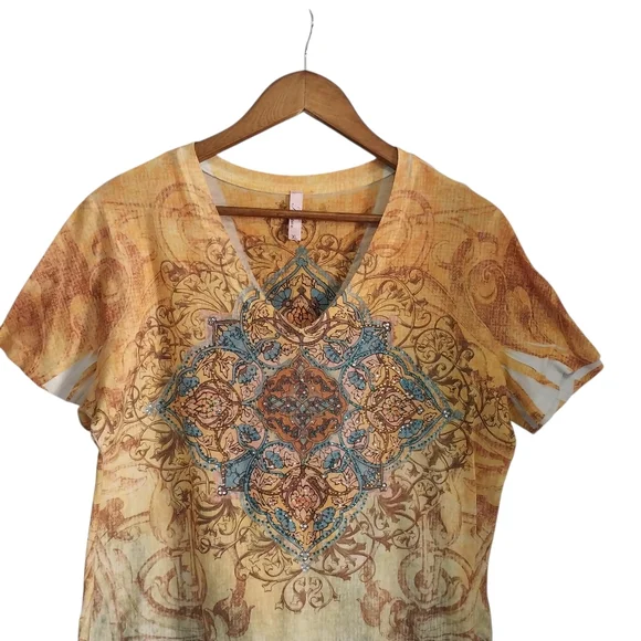Kiara Size XL Multi Colored V-Neck Short Sleeve Embellished Boho Y2K Style Top - Picture 7 of 9